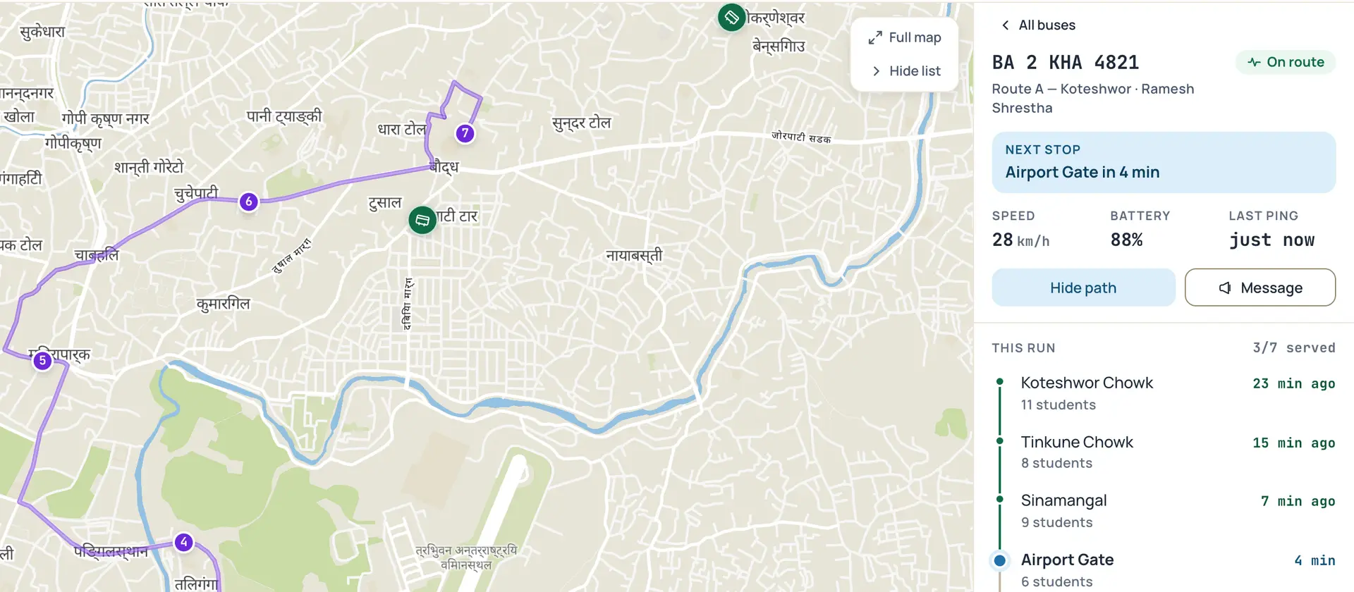 Admin live fleet page: Route A drawn across a Kathmandu map with its remaining stops numbered and two buses on it, beside a panel for bus BA 2 KHA 4821 — next stop Airport Gate in 4 min, 28 km/h, battery 88%, last ping just now, and the run so far, 3 of 7 stops served.