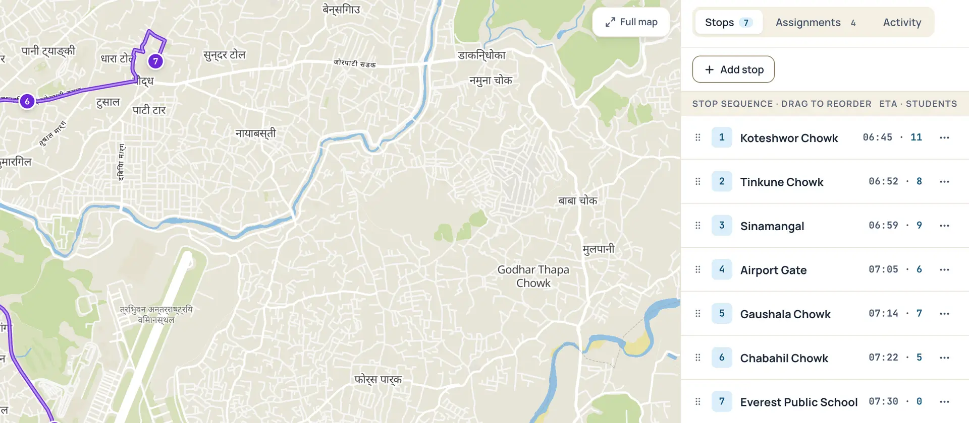 Admin route builder: Route A on the map beside its seven stops listed in order, each with a drag handle, a scheduled time and a student count — Koteshwor Chowk 06:45 with 11 students through to Everest Public School at 07:30.