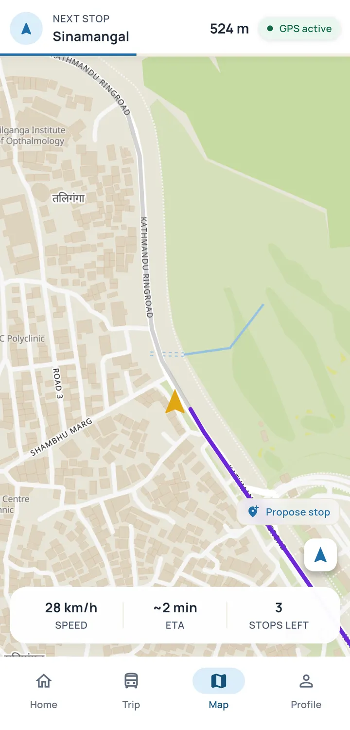 Driver app map: next stop Sinamangal 524 m ahead, GPS active, with speed, ETA and stops-left along the bottom.