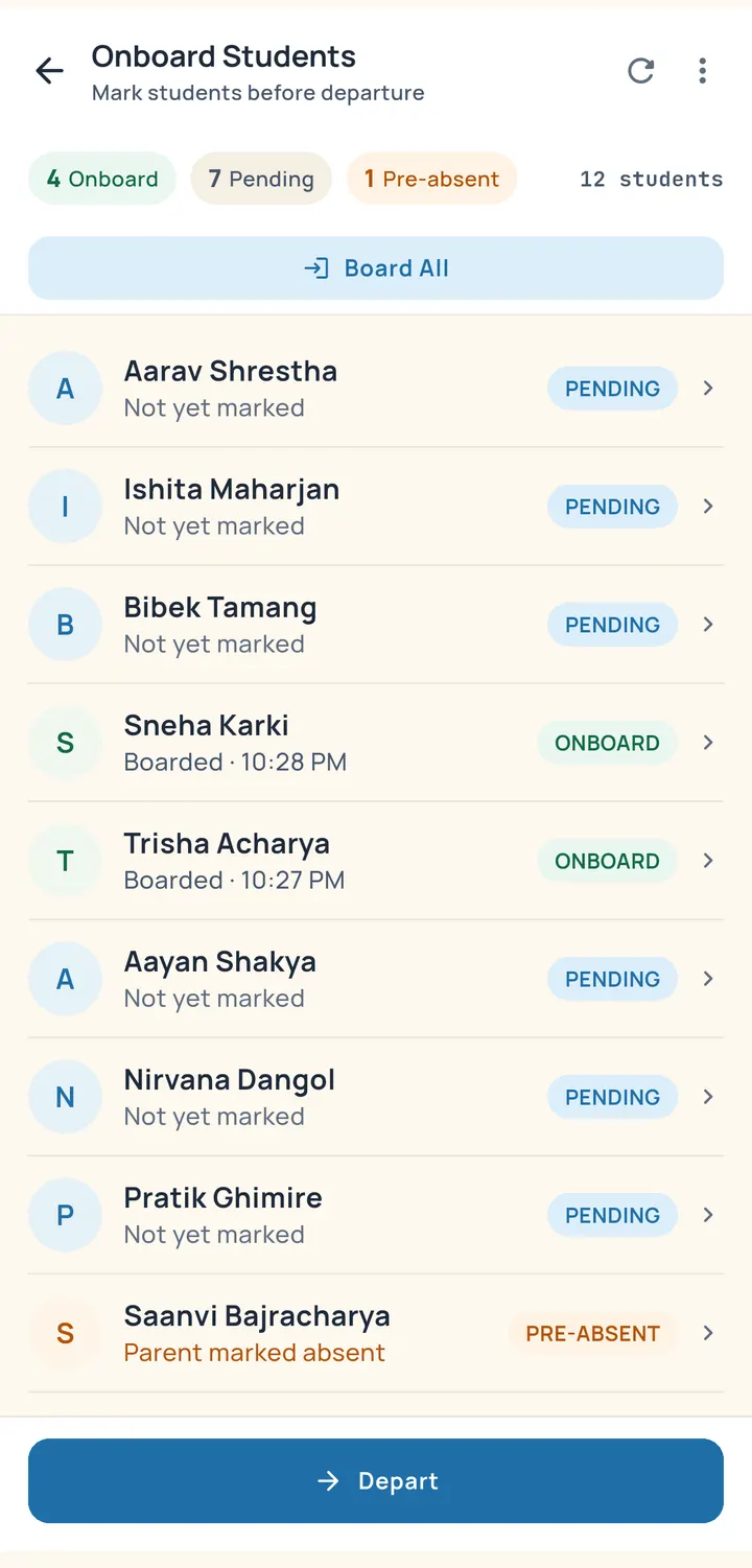 Driver app boarding roster: twelve students with Onboard, Pending and Pre-absent tags, a Board All shortcut, and a Depart button.